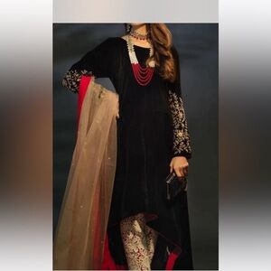 Elegant Black ,Red, Gold Velvet Pakistani , Indian dress, Suit by Sidra Mumtaz